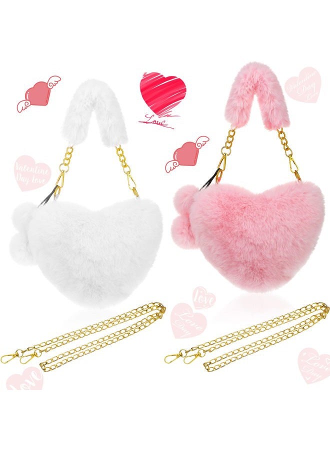 Saintrygo 2 Pieces Valentine's Day Furry Purse Soft Fluffy Faux Fur Heart Handbags for Women Girls Valentines Day Cute Present, White,pink - Image 1