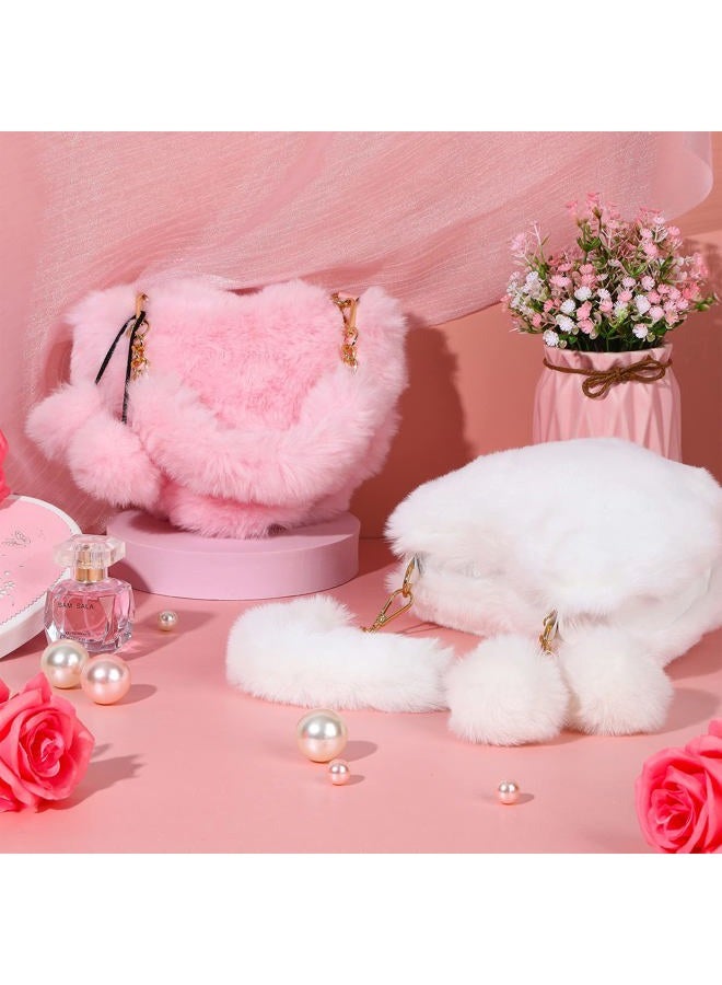 Saintrygo 2 Pieces Valentine's Day Furry Purse Soft Fluffy Faux Fur Heart Handbags for Women Girls Valentines Day Cute Present, White,pink - Image 2