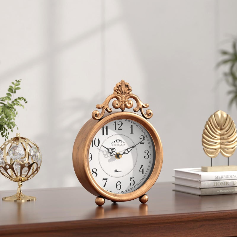 ChimeTide Vintage Gold Table Clock, Desk and Shelf Mantel Clock, French Rustic Antique Style Decor Clocks, for Farmhouse, Bedroom, Living Room, Bedside, Gift (9" H x 6.3" W) - Image 5