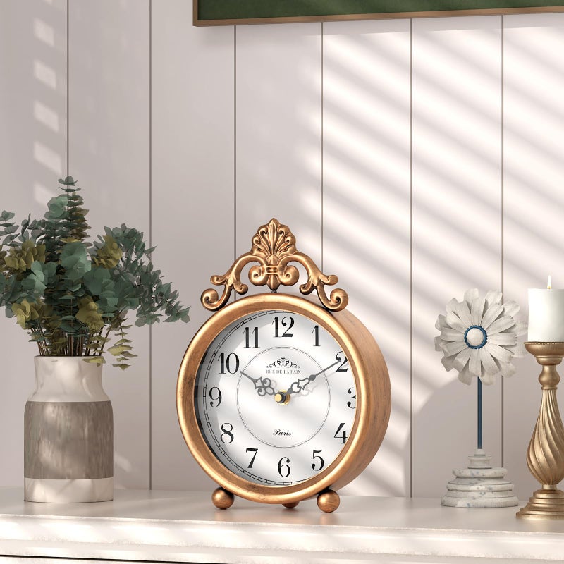 ChimeTide Vintage Gold Table Clock, Desk and Shelf Mantel Clock, French Rustic Antique Style Decor Clocks, for Farmhouse, Bedroom, Living Room, Bedside, Gift (9" H x 6.3" W) - Image 3