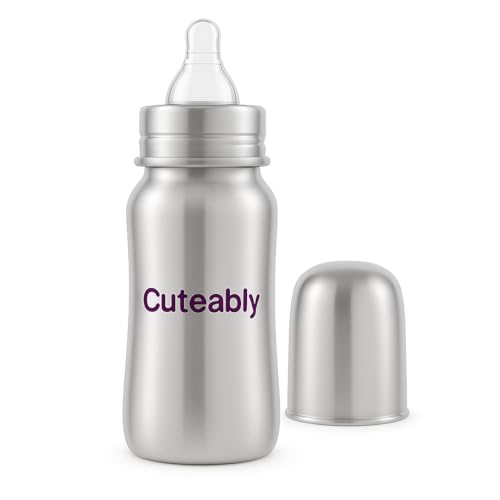 Cuteably Stainless Steel Wide Mouth Bottle | Anti-Colic Nipple Baby | Rust-Free BPA-Free Bottles for Newborn (300 ML) - Image 1