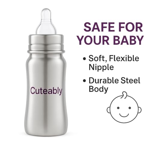Cuteably Stainless Steel Wide Mouth Bottle | Anti-Colic Nipple Baby | Rust-Free BPA-Free Bottles for Newborn (300 ML) - Image 5