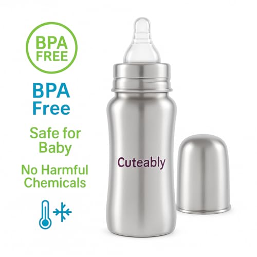 Cuteably Stainless Steel Wide Mouth Bottle | Anti-Colic Nipple Baby | Rust-Free BPA-Free Bottles for Newborn (300 ML) - Image 2