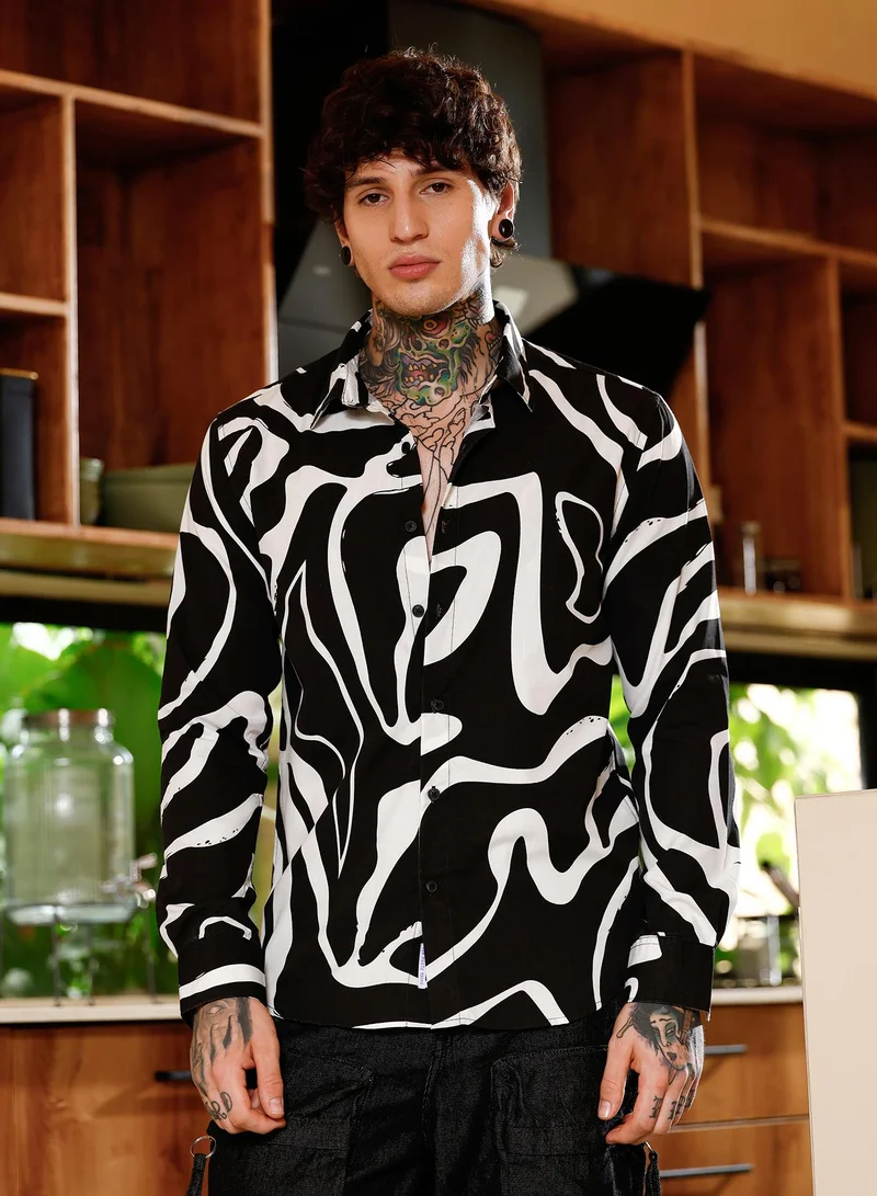 Campus Sutra Campus Sutra Men Contrast-Graffiti Imprint Shirt | Spread Collar Long Cuffed Sleeves | Button Closure Curved Hem | Abstract-Print Plain | Woven Fabric For Casual & Daily Wear | Onyx Black