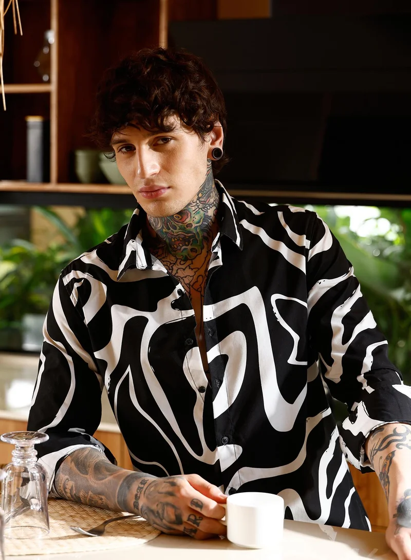 Campus Sutra Campus Sutra Men Contrast-Graffiti Imprint Shirt | Spread Collar Long Cuffed Sleeves | Button Closure Curved Hem | Abstract-Print Plain | Woven Fabric For Casual & Daily Wear | Onyx Black