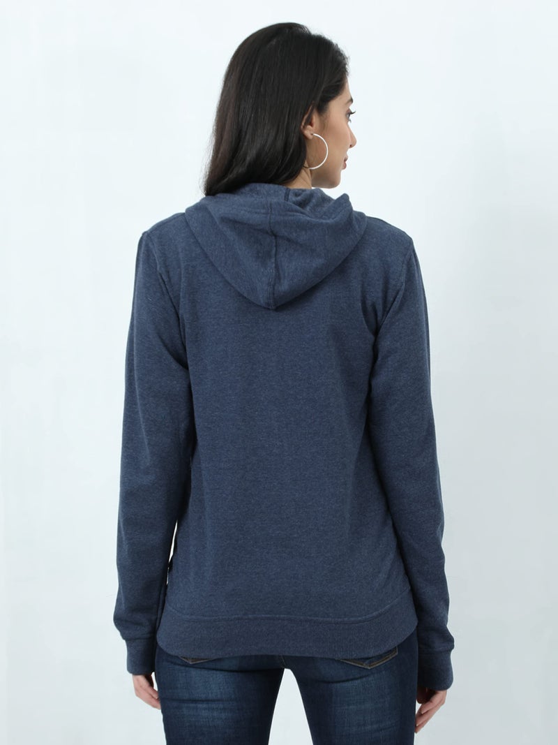 Wafaa Women's Cotton Plain Hooded Neck Full Zipper Navy Melange Color Regular Sweatshirt Hoodies with Kangaroo Pocket S Size - Image 2
