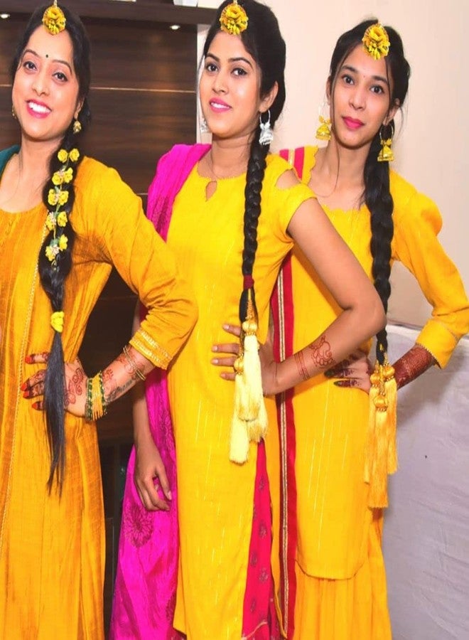 Ublic Flower Maang Tikka Set for Wedding | Baby Shower | Shaadi| Haldi | Mehandi | Party in Yellow Colour for Girls and Women, Floral Jewellery/Jewelry Mangtika combo 12 Pcs - Image 4