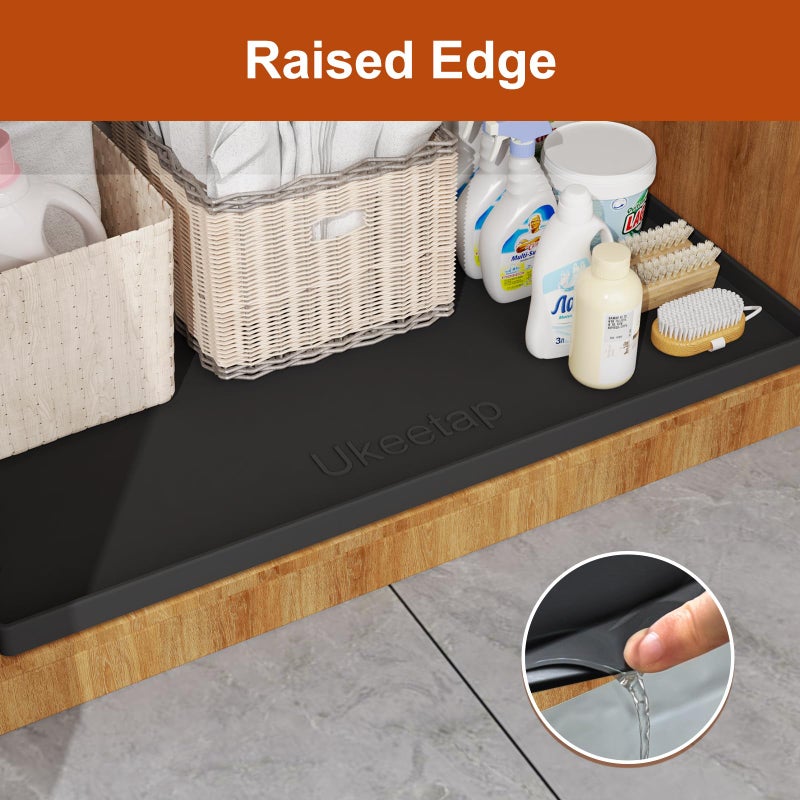 ukeetap Extra Thick Silicone Mat Waterproof with Raised Edge 34" x 22", Under Sink Mat for Kitchen & Bathroom, Kitchen Cabinet Liner, Multi-Purpose for Storage & Protection, Black - Image 3