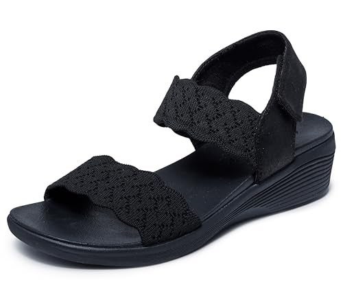Skechers Women's ARYA - ON THE RISE medium wedge sandal, Black/Black 6 M - Image 5
