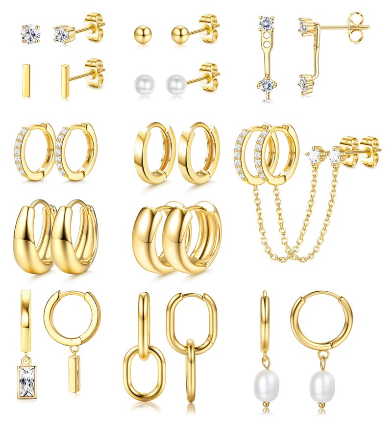 BESTEEL 13 Pairs Small Stud Hoop Earrings Set for Women Hypoallergenic 14K Gold Plated Dainty Huggie Hoops Lightweight Earrings for Gift - Image 1
