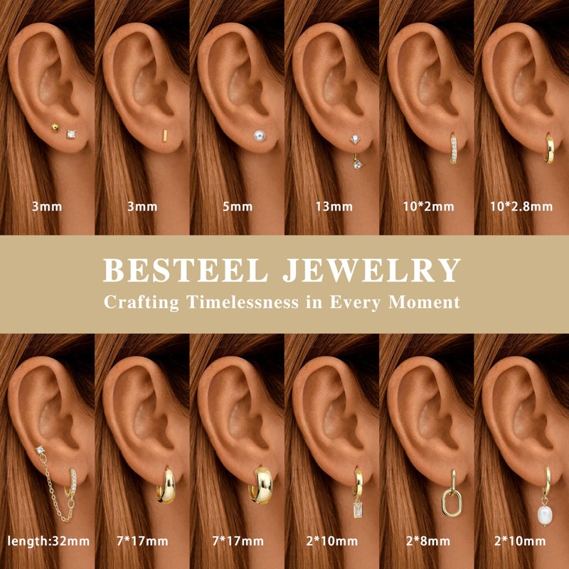 BESTEEL 13 Pairs Small Stud Hoop Earrings Set for Women Hypoallergenic 14K Gold Plated Dainty Huggie Hoops Lightweight Earrings for Gift - Image 3