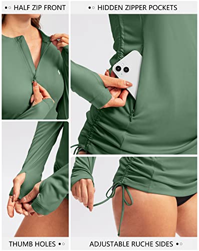 Soothfeel Women's Long Sleeve UV Sun Protection Rash Guard Shirts UPF 50+ Swim Shirt Swimsuits Top for Women with Zip Pockets Green - Image 4