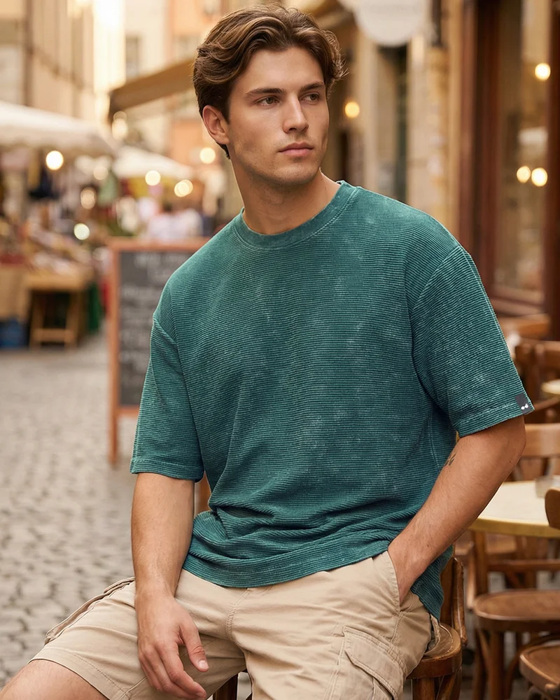 بيواكوف Men's Forest Green Textured Oversized Acid Wash T-shirt