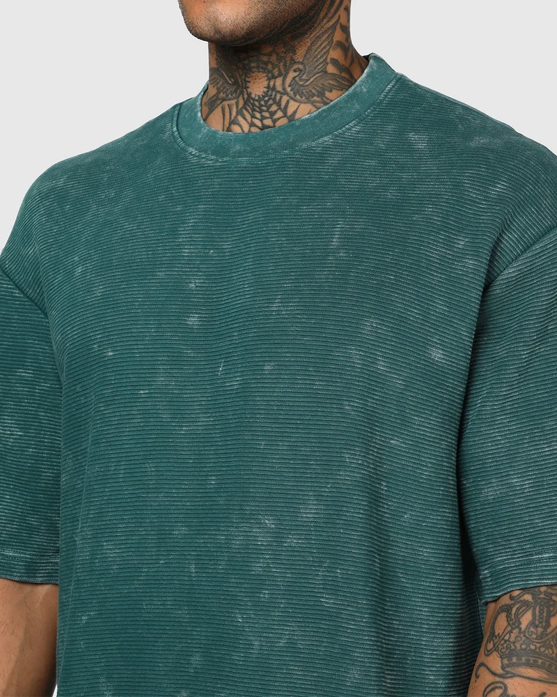 بيواكوف Men's Forest Green Textured Oversized Acid Wash T-shirt