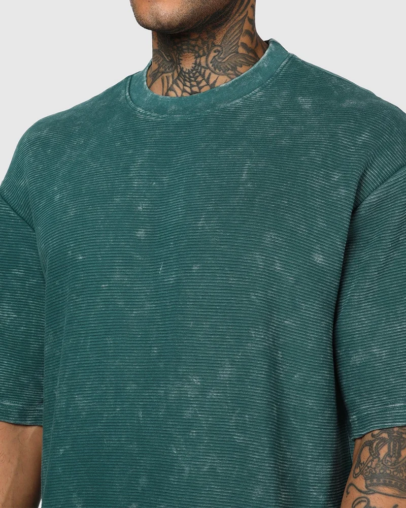 بيواكوف Men's Forest Green Textured Oversized Acid Wash T-shirt