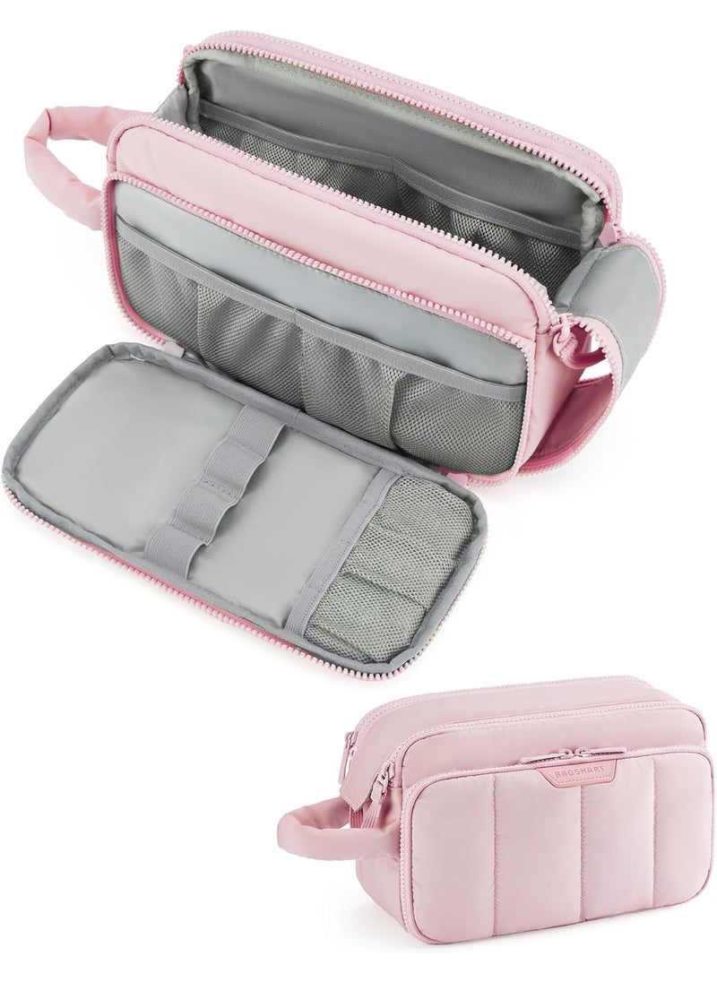BAGSMART BAGSMART Travel Makeup Bag Organizer, Puffy Make Up Bag, Cosmetic Organizer Case for Travel Essentials Toiletries Accessories Bottles, Brushes (Pink) 