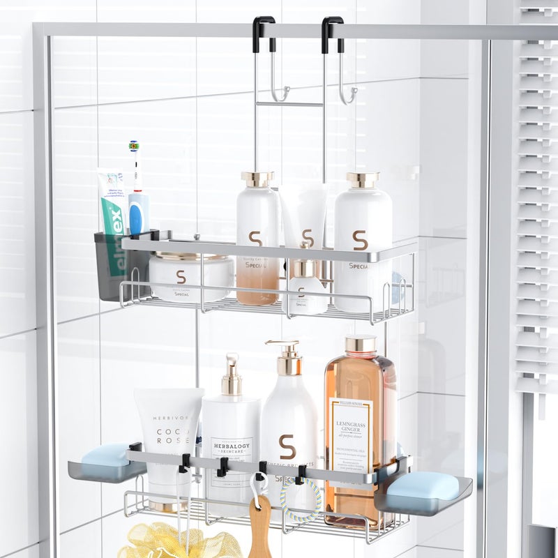 Aitatty Over the Door Hanging Shower Caddy Rustproof Hanging Organizer over the Door  No Drilling Bathroom Rack for Inside Shower Chrome