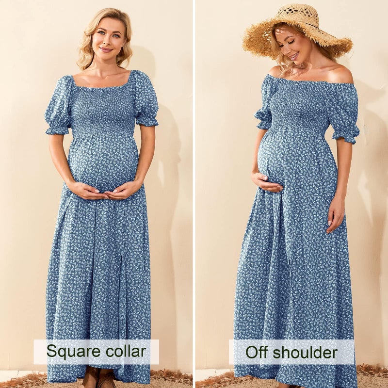 guruixu Floral Off Shoulder Maternity Dress Puff Sleeve Smocked Boho Photoshoot Baby Shower Pregnancy Dresses - Image 5