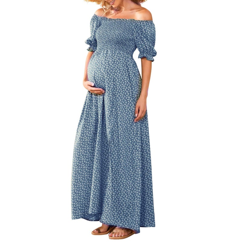 guruixu Floral Off Shoulder Maternity Dress Puff Sleeve Smocked Boho Photoshoot Baby Shower Pregnancy Dresses - Image 1