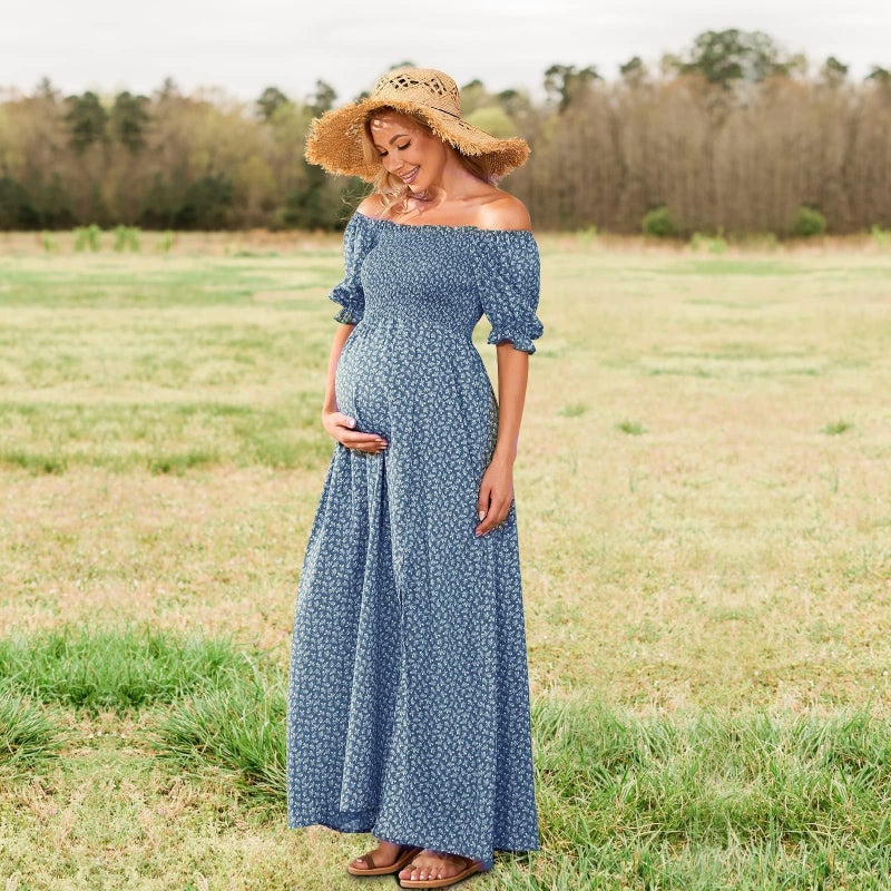 guruixu Floral Off Shoulder Maternity Dress Puff Sleeve Smocked Boho Photoshoot Baby Shower Pregnancy Dresses - Image 4