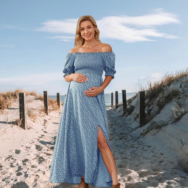 guruixu Floral Off Shoulder Maternity Dress Puff Sleeve Smocked Boho Photoshoot Baby Shower Pregnancy Dresses - Image 3