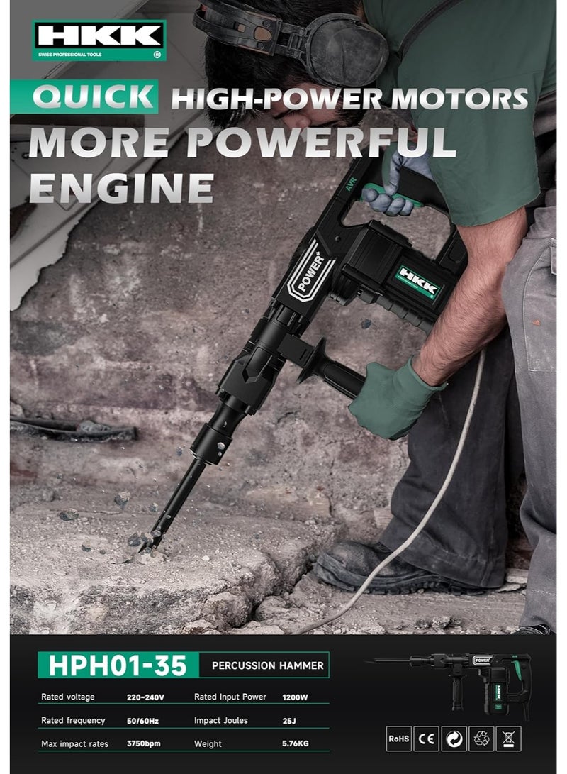 HKK مثقاب كهربائي 1200 واط مع طاقة تأثير 25 جول، 3750 ضربة في الدقيقة، يشمل إزميل مدبب، مطرقة هدم ثقيلة للأعمال الخرسانية، الطوب، والبناء – 5.76 كجم - Image 5