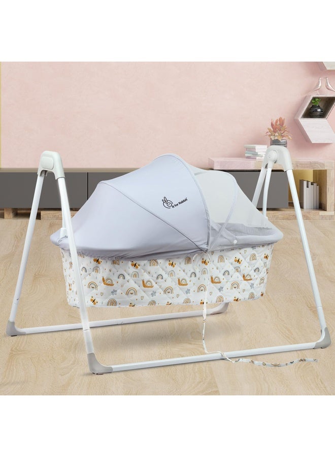 R for Rabbit Lullabies Manual Swing Cradle for New Born Baby with Mosquito Net, 5 Point Safety Harness, Quick & Easy Assembly Sturdy & Safe 0-2 Year Upto 12 KG Kids Uyyala Palna Jhula (Grey Multi) - Image 1