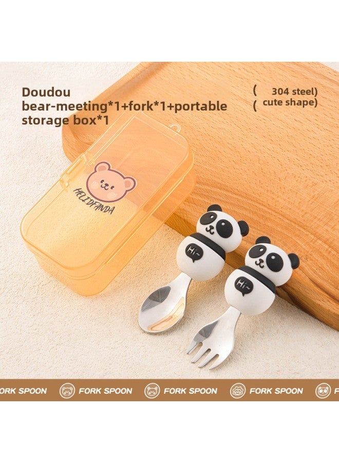 Children's Creative Fork Spoon 304 Stainless Steel Short Handle Cartoon Tableware Household Baby Dining Portable Tableware Suit-Specifications:No Specifications-Color:Bear Spoon Storage Box - Image 1