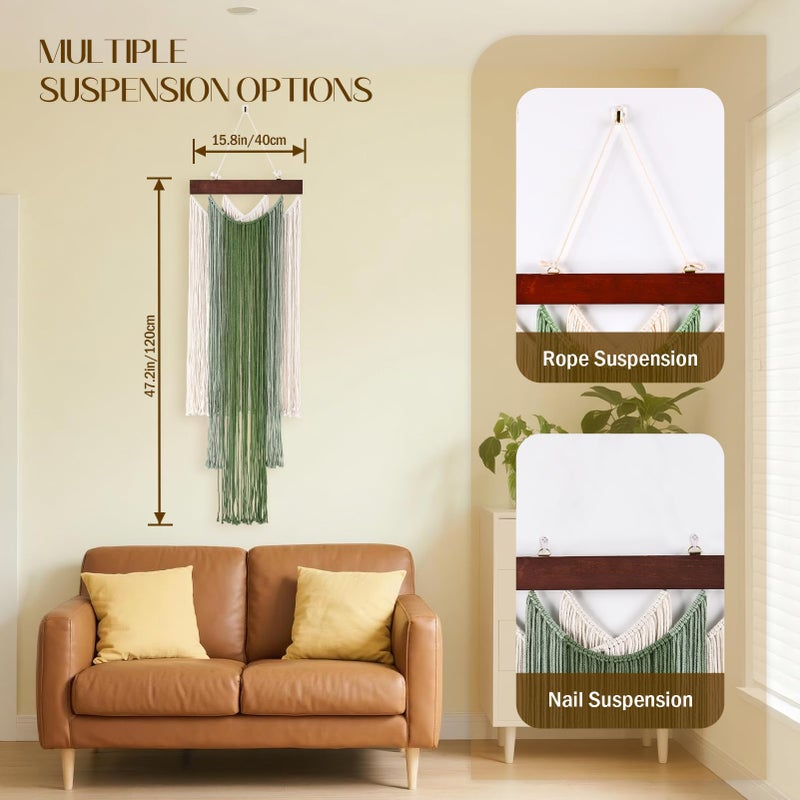 iHUFeather Macrame Wall Hanging Boho Wall Tapestry, Handmade Woven Wall Art for Living Room Bedroom Bohemian Home Decor 47.2" L x 15.7" Wï¼ˆ Green ï¼‰ - Image 5