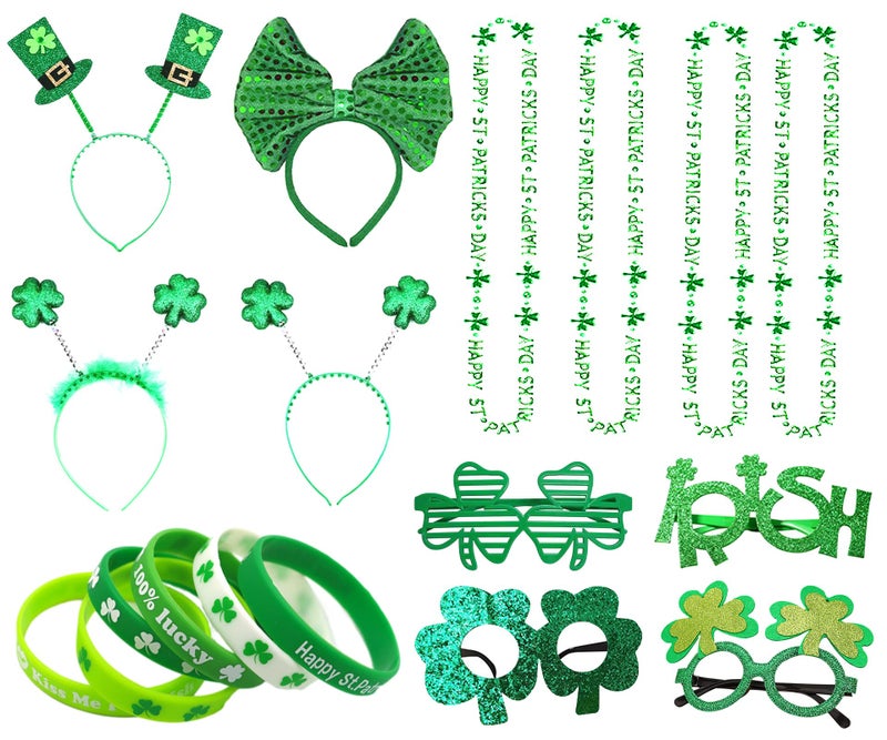 Atonofun 18 Pcs St. Patrick's Day Accessories for Kids, St. Patrick's Day Headbands, Lucky Bracelet, Shamrock Eyeglass and Clover Necklace for Irish Party Supplies Decorations - Image 1
