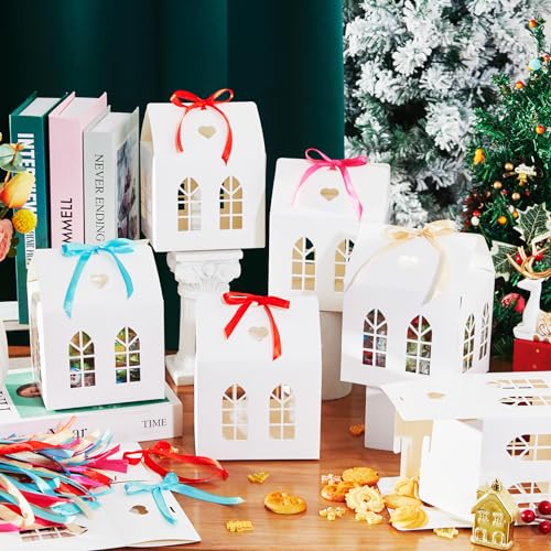 Engrowtic 25 Sets Medium House Shaped Gift Boxes with Ribbons House Shaped Paper Bakery Packaging Candy Box for Treats Real Estate Agent Gift Christmas Gingerbread Wedding Birthday Bridal Shower - Image 4