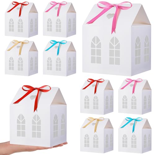 Engrowtic 25 Sets Medium House Shaped Gift Boxes with Ribbons House Shaped Paper Bakery Packaging Candy Box for Treats Real Estate Agent Gift Christmas Gingerbread Wedding Birthday Bridal Shower - Image 1