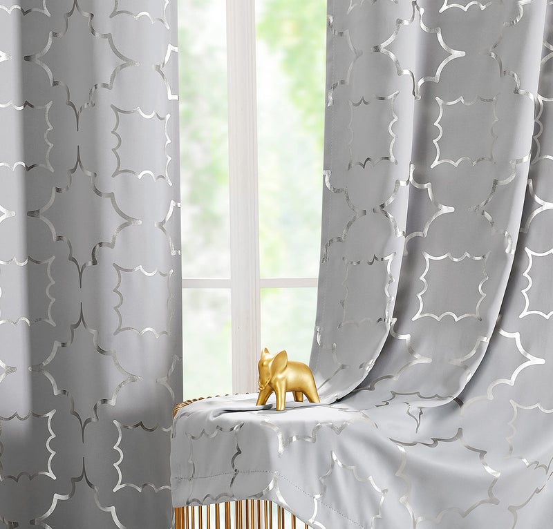Purainbow Grey Blackout Curtain Panels for Bedroom 84 Silver Foil Moroccan Metallic Print Energy Efficient Drapes for Bedroom Living Room Thermal Insulated Window Treatments Grommet Top 2 Panels