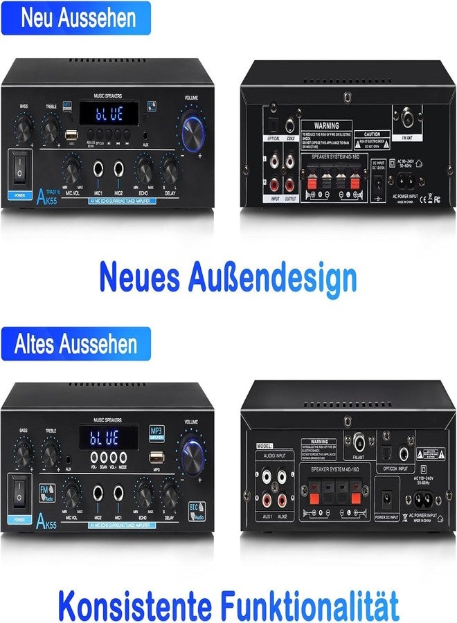 WOOPKER AK55 Stereo Amplifier Home Audio with Bluetooth 5.0 Rated Power 70W X2 Mini AMP 2.0 Channel Stereo Receivers for Home Theater Audio System, Studio, Karaoke, W/Bass/Treble/AUX/FM/MIC/USB - Image 4