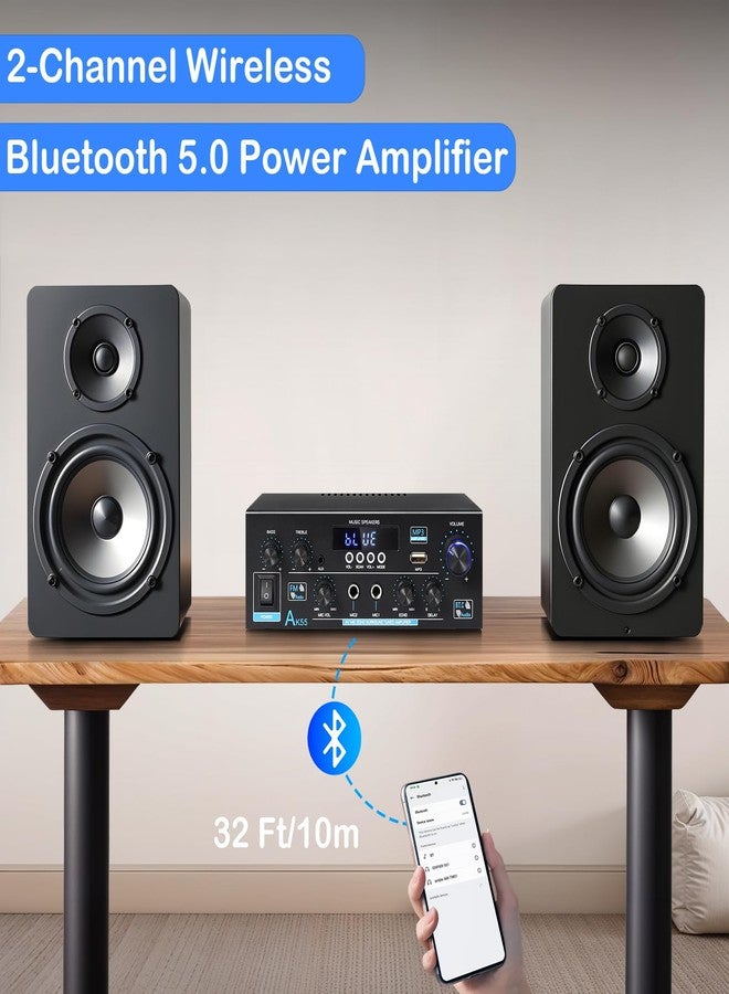 WOOPKER AK55 Stereo Amplifier Home Audio with Bluetooth 5.0 Rated Power 70W X2 Mini AMP 2.0 Channel Stereo Receivers for Home Theater Audio System, Studio, Karaoke, W/Bass/Treble/AUX/FM/MIC/USB - Image 2