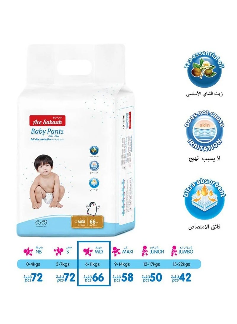 Ace Sabaah Ace Sabaah Midi Pant Style Diapers Size 3, 6-11kg, 66 Pieces - Disposable, Leak Protection, Stretchy Sides - Image 2