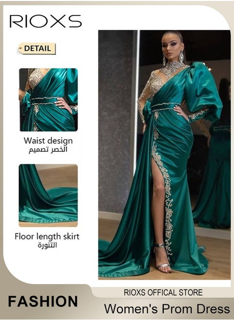 Womens Glitter Stitching Sliming Grown Half High Collar High Split Floor-length Prom Dress with One Puff Sleeve for Fashion Party