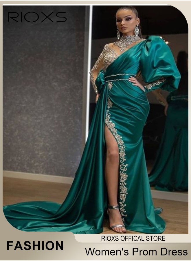 Womens Glitter Stitching Sliming Grown Half High Collar High Split Floor-length Prom Dress with One Puff Sleeve for Fashion Party