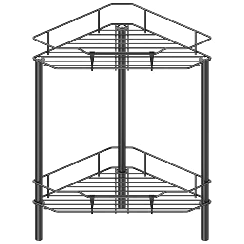 HuggieGems 2 Tier Floor Standing Corner Shower Caddy Organizer Shelf with Hooks, Bathroom Shelves Stand Rack, Black - Image 1
