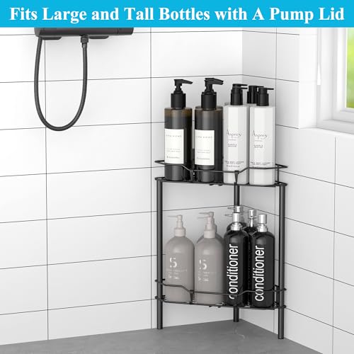 HuggieGems 2 Tier Floor Standing Corner Shower Caddy Organizer Shelf with Hooks, Bathroom Shelves Stand Rack, Black - Image 4
