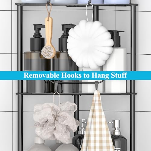 HuggieGems 2 Tier Floor Standing Corner Shower Caddy Organizer Shelf with Hooks, Bathroom Shelves Stand Rack, Black - Image 5