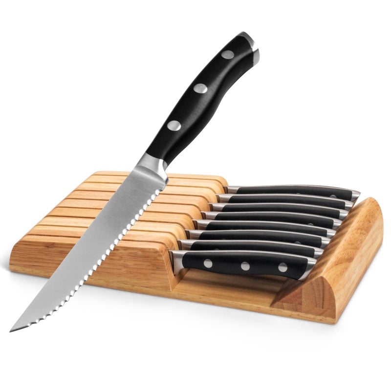 Alata 8Piece Steak Knives Set with Block Stainless Steel Steak Knife set with Serrated Edge RazorSharp FullTang Construction Dishwasher Safe