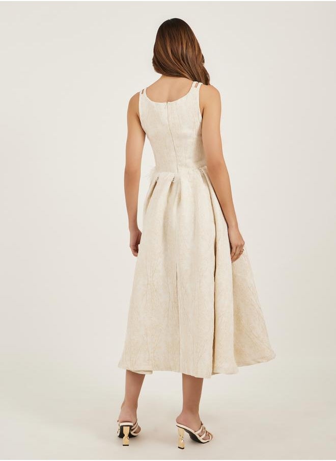Styli Styli Self Design Sleeveless Pleated A-Line Midi Dress with Faux Feather Detail  - Image 5