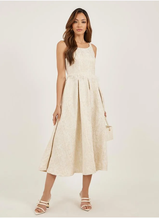 Styli Styli Self Design Sleeveless Pleated A-Line Midi Dress with Faux Feather Detail