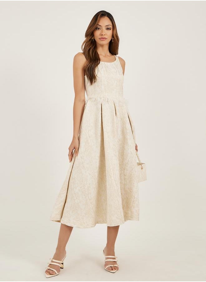 Styli Styli Self Design Sleeveless Pleated A-Line Midi Dress with Faux Feather Detail  - Image 2