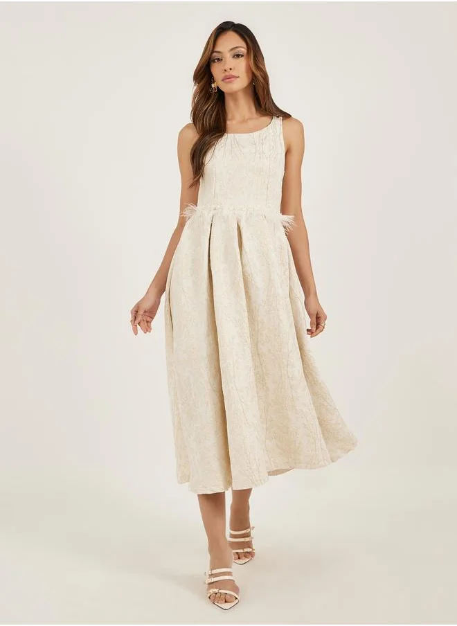 Styli Styli Self Design Sleeveless Pleated A-Line Midi Dress with Faux Feather Detail