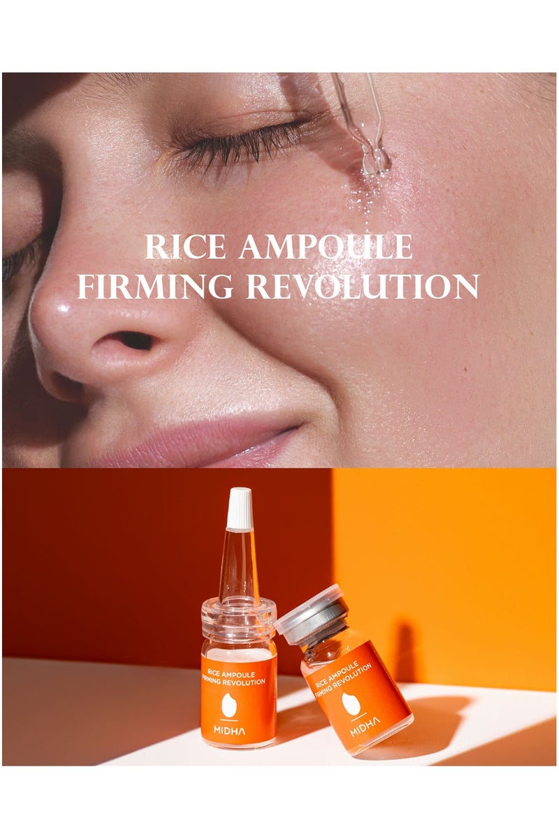 Midha Rice Ampoule Firming Set 7ml x 4 Vials is a firming solution that combines a rice-based serum and a lightweight ampoule, designed to tighten, smooth, and brighten the complexion for a more youthful, wrinkle-free appearance.  Ideal for daily use on all skin types, this vegan-friendly set enhances hydration, and helps protect against environmental stressors—leaving skin visibly firmer and radiant. - Image 4