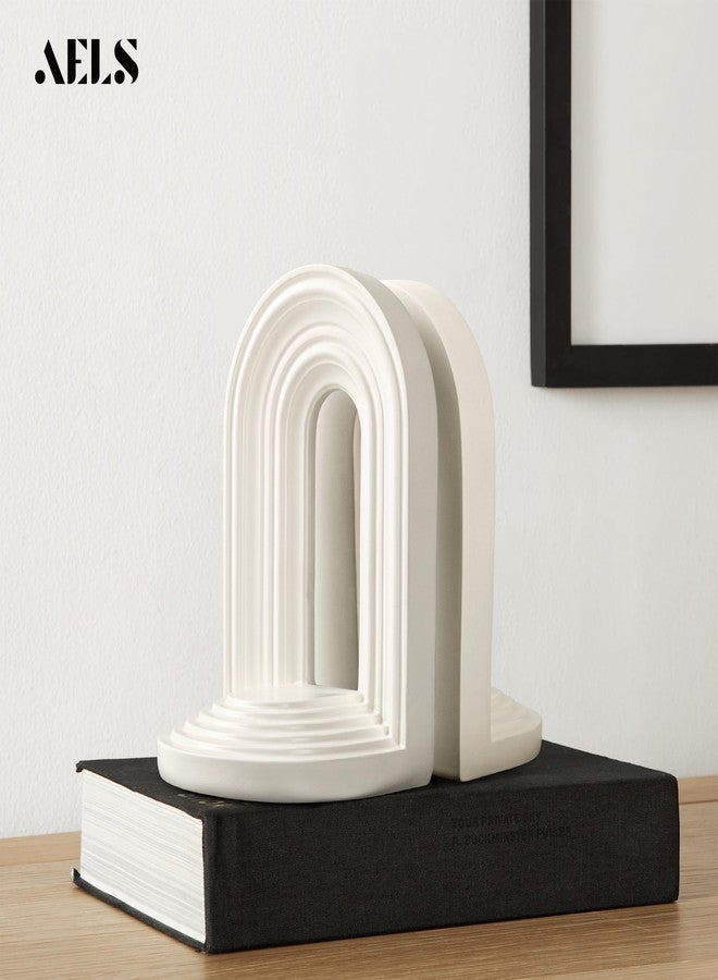 AELS Mordern Bookends, Mid Century Arch Heavy Duty Book Ends, Unique Decorative Bookend Supports for Shelves, Office Desktop Book Stand, Stopper for Books/Movies/CD, Cream - Image 2