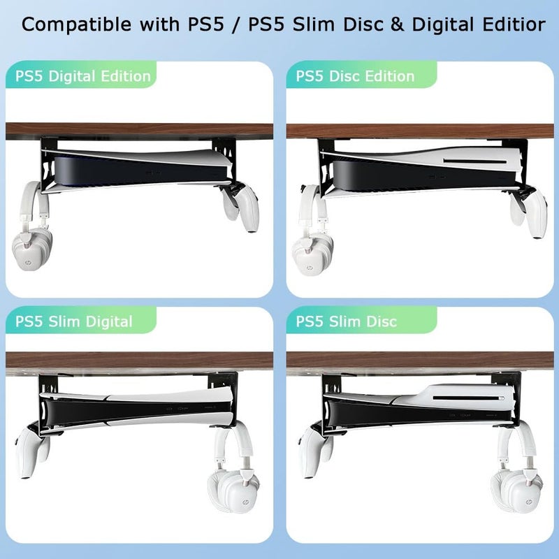 Chanvoo Aluminum Under Desk Mount for PS5/PS5 Slim/ PS5 Pro Digital & Disc, Securing Under Desk Bracket with Detachable Controller & Headphone Holder Kit No Drill (Black) - Image 2