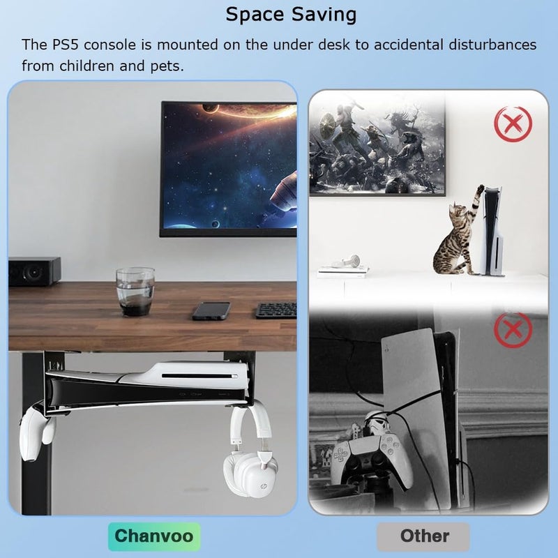 Chanvoo Aluminum Under Desk Mount for PS5/PS5 Slim/ PS5 Pro Digital & Disc, Securing Under Desk Bracket with Detachable Controller & Headphone Holder Kit No Drill (Black) - Image 5